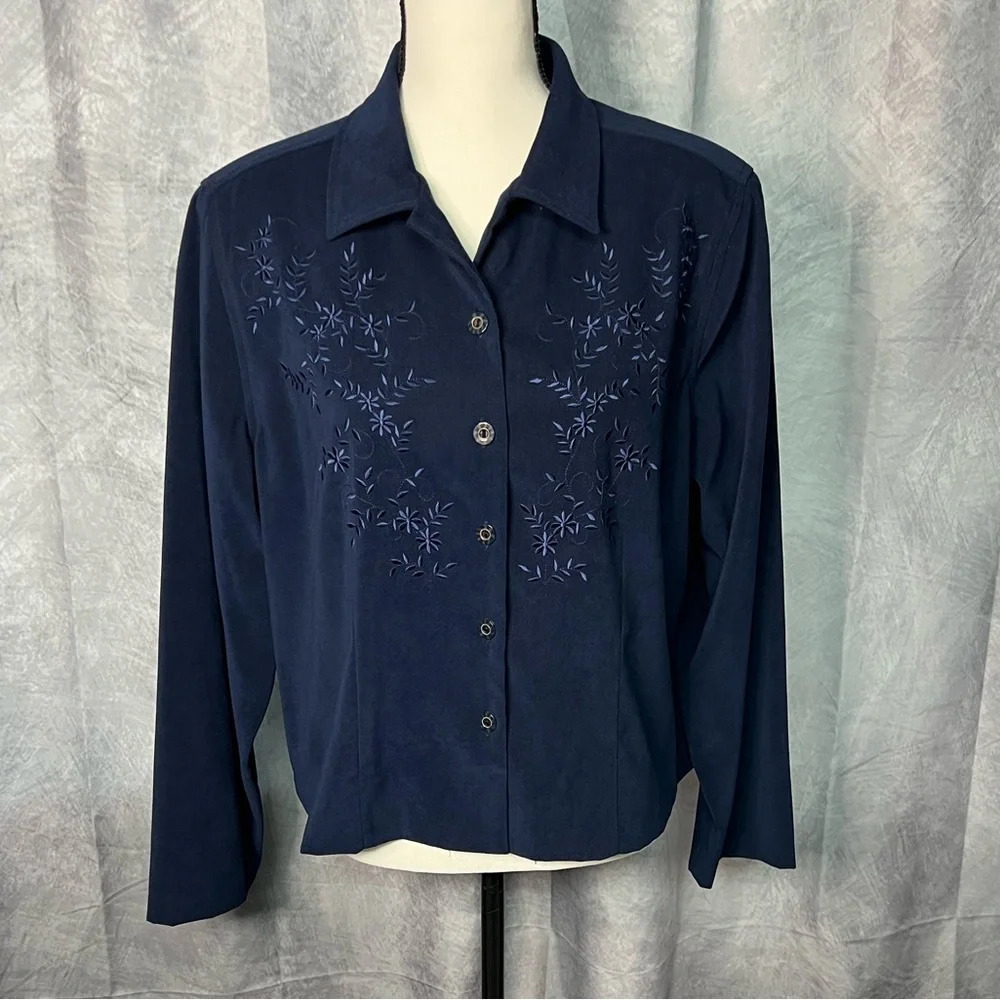 Erika Dresses Navy Open Slit Back Floral Embroidered Long Sleeve Jacket - Large